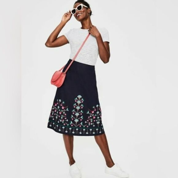 BODEN Brooke Embroidered Midi Skirt Navy Floral Linen Blend Lined Size 10P - Picture 1 of 9